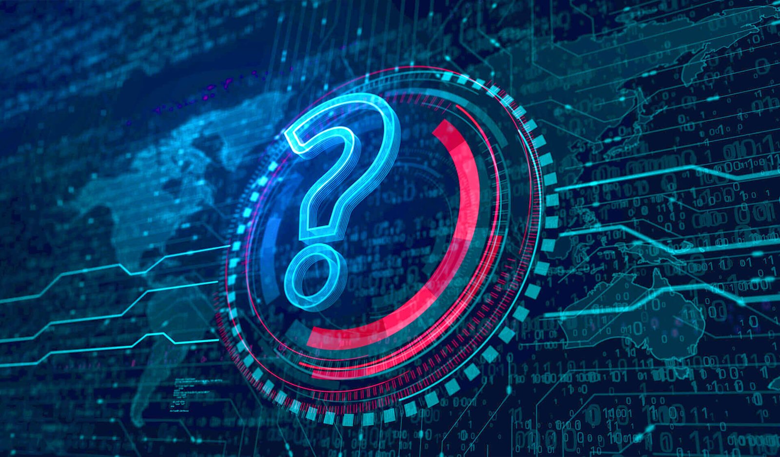 Digital question mark over binary code background