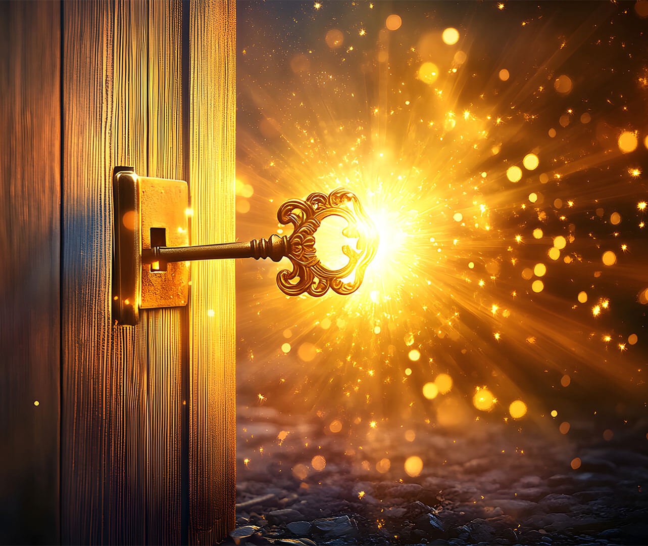 Golden key unlocking magical light from door